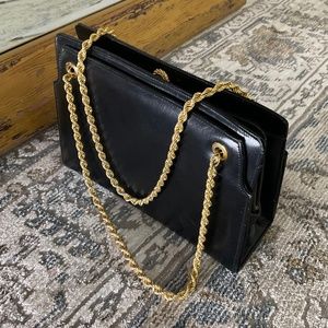 Italian Black  leather with gold details, Ladies hand bag.